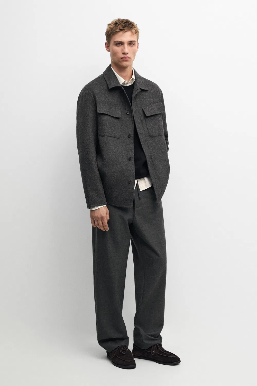Рубашка-куртка Massimo Dutti, мужская, из смесовой шерсти с карманами, угольный