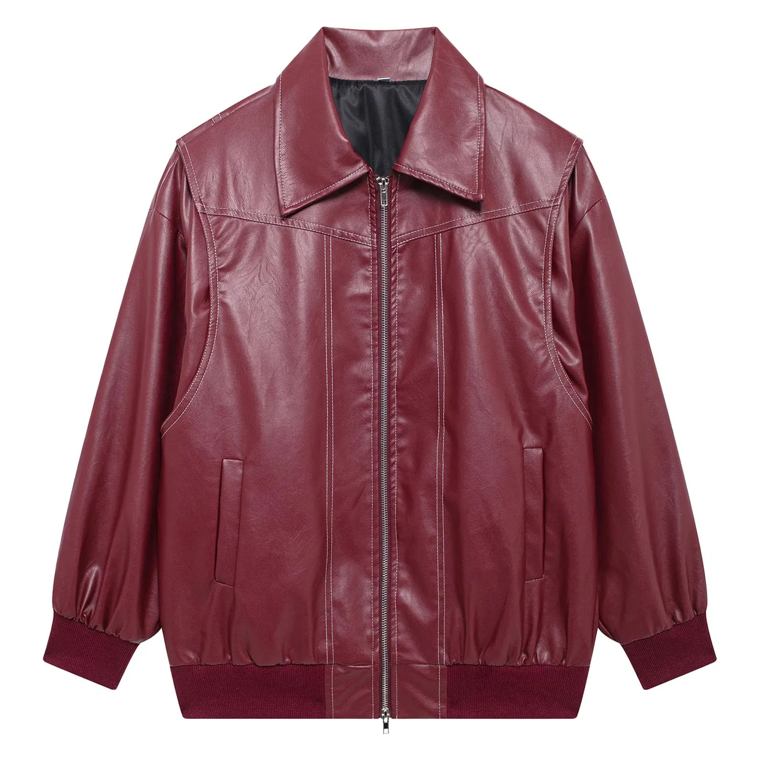 Женская куртка-бомбер Oversized Faux Leather Zip Up Winter Coat, red wine