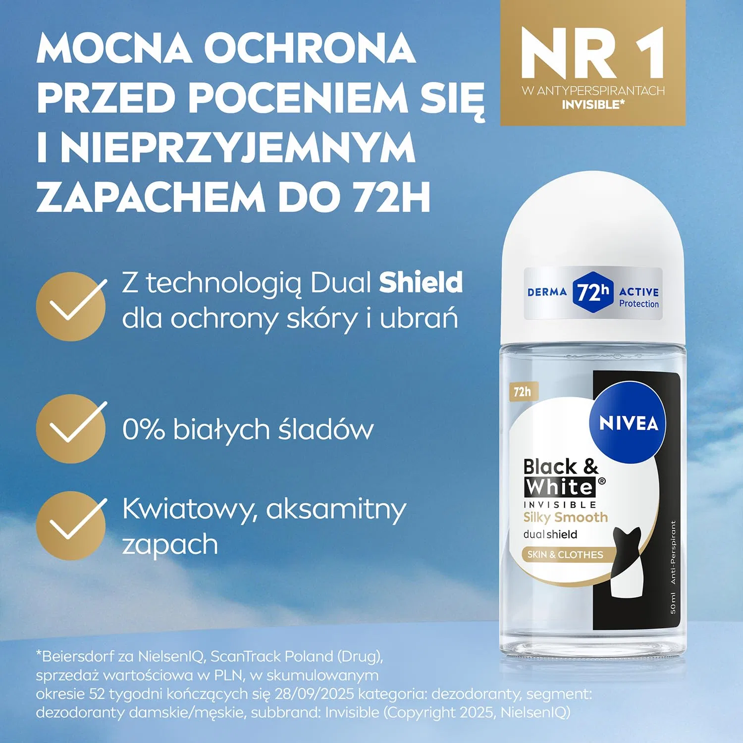 Антиперспирант-ролик Black & White Silky Smooth, NIVEA, 50 мл, Multicoloured — фото 2