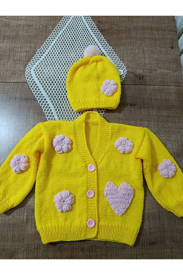 Детский кардиган для девочек с длинным рукавом Hand knitted kids cardigan El Örgüsü Cici Bebe, Yellow — фото 3