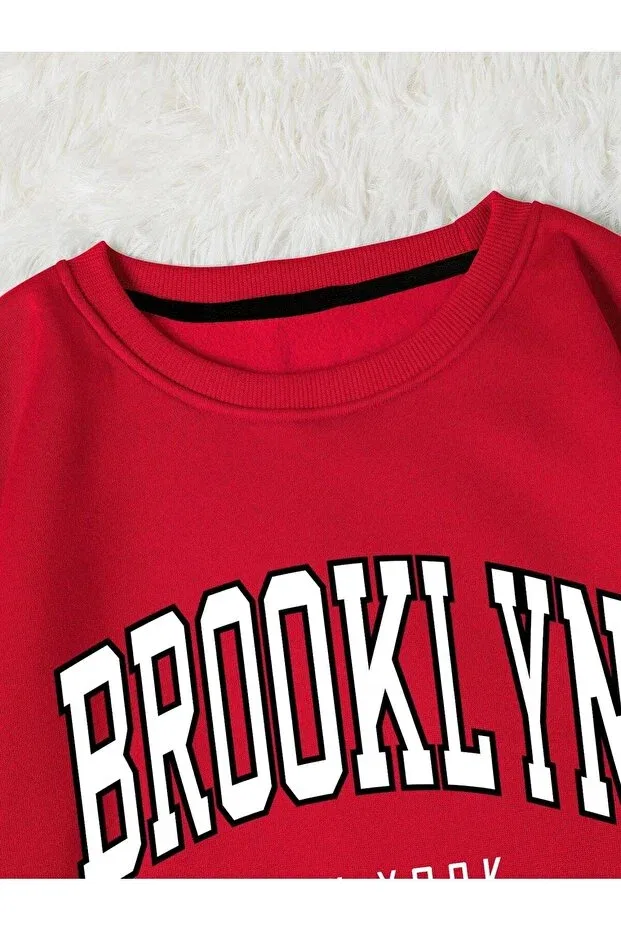 Детские свитшот для девочек оверсайз с принтом Brooklyn Printed Oversize Crew Neck Sweatshirt Novibe, Bb-Red — фото 3