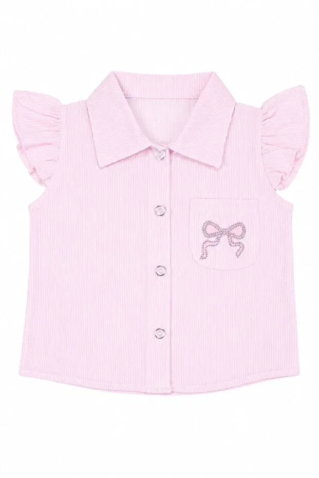 Детский комплект для девочек с геометрическим принтом Girl'S pink stone-embellished bow shirt and stone-embellished denim shorts with skirt 2-piece set By Bebekodam, Blue — фото 2