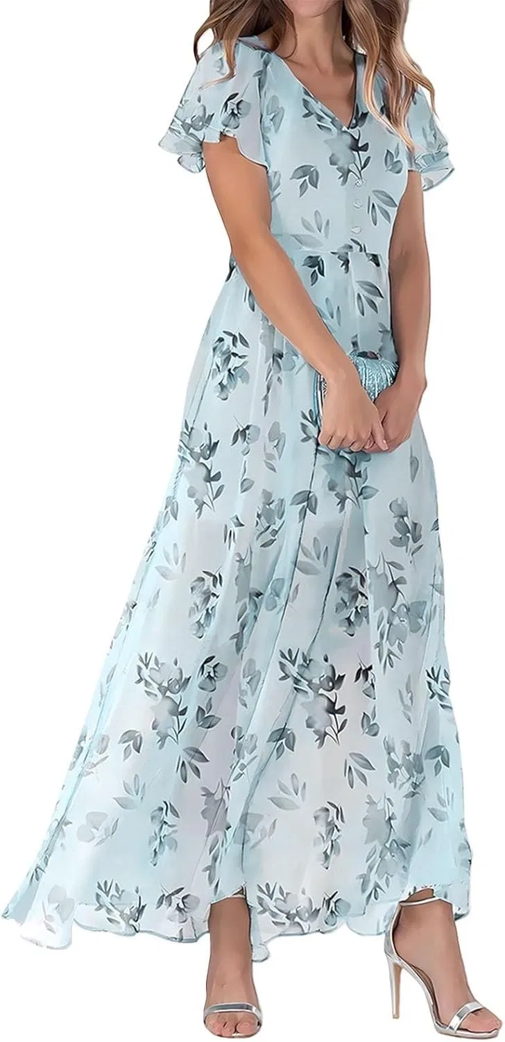 Женское платье макси из шифона с V-образным вырезом, Mint Green