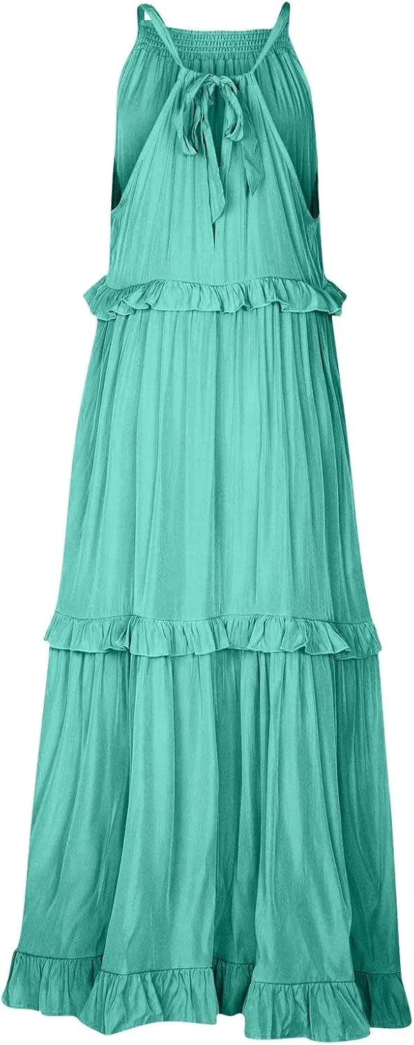 Женское летнее макси-платье на тонких бретелях с рюшами, 02-turquoise — фото 4