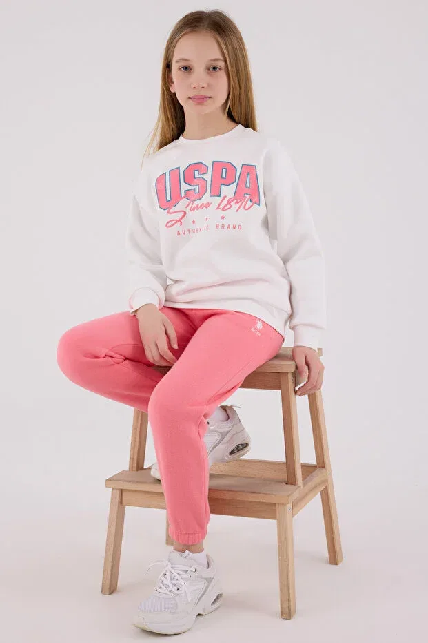 Детский комплект спортивного костюма для девочек с вышивкой U.S. Polo Assn., White — фото 2