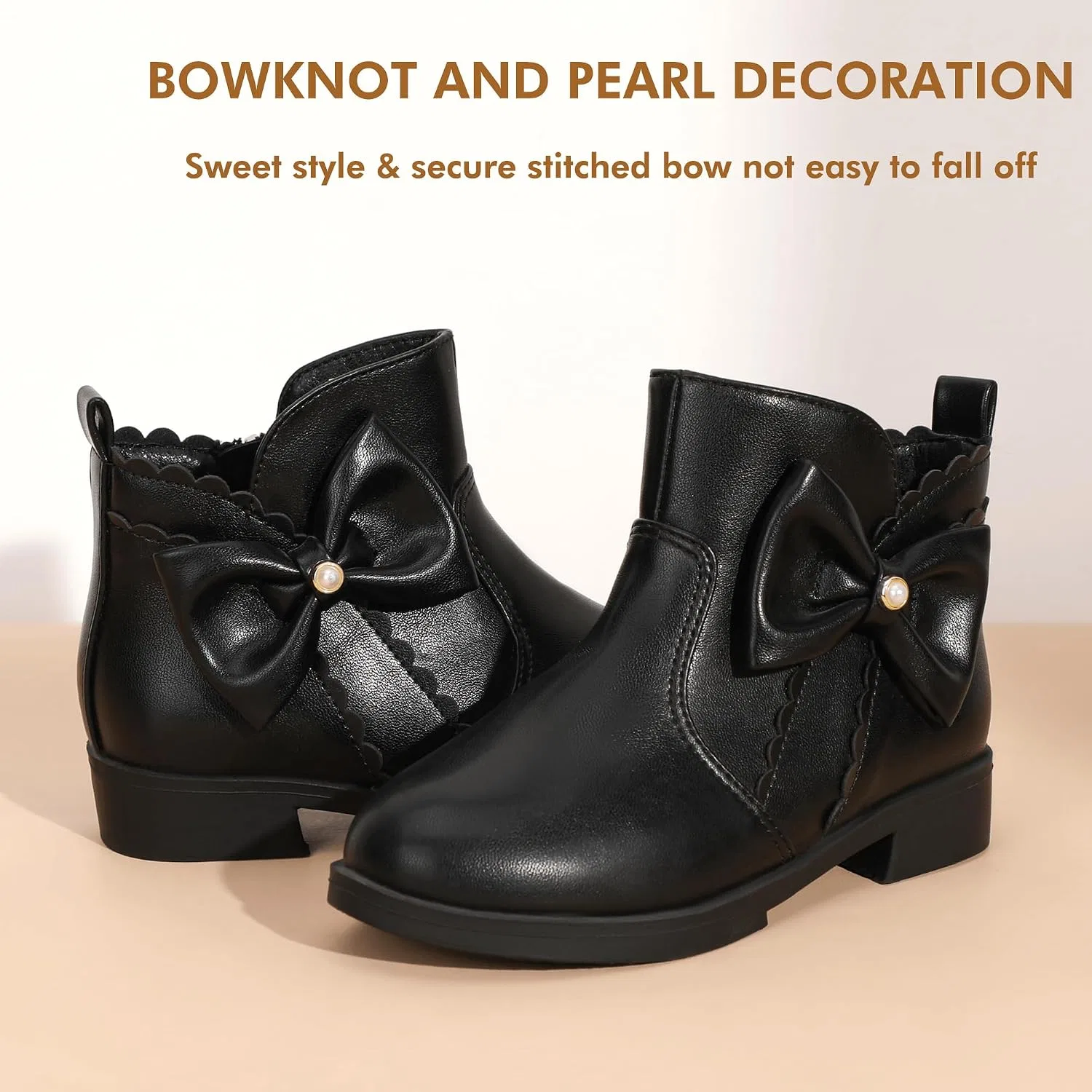 Детские ботинки для девочек Clara с жемчугом и бантом PANDANINJIA, Black — фото 3