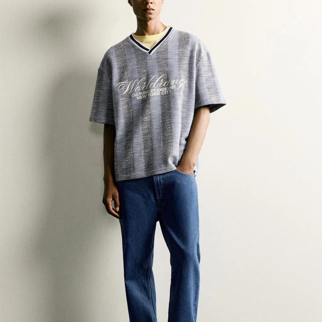 Мужская футболка с V-образным вырезом, синяя, ZARA, Blue — фото 4