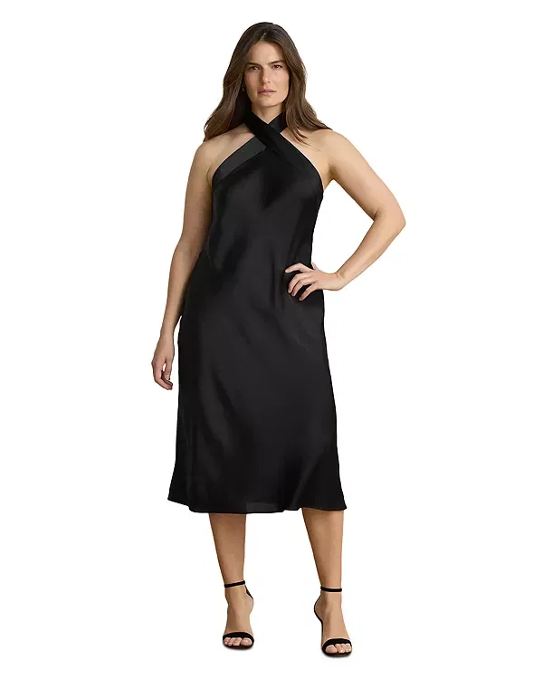 Женское платье с запахом без рукавов Tie back charmeuse halter cocktail dress Ralph Lauren, черный