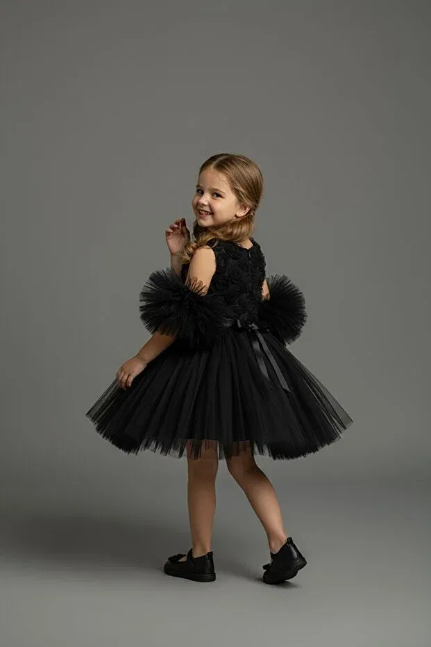Детское платье для девочек с принтом Black Pompom Sleeves Rose Patterned Tulle Party And Birthday Dress Delfini Kids, Black — фото 2
