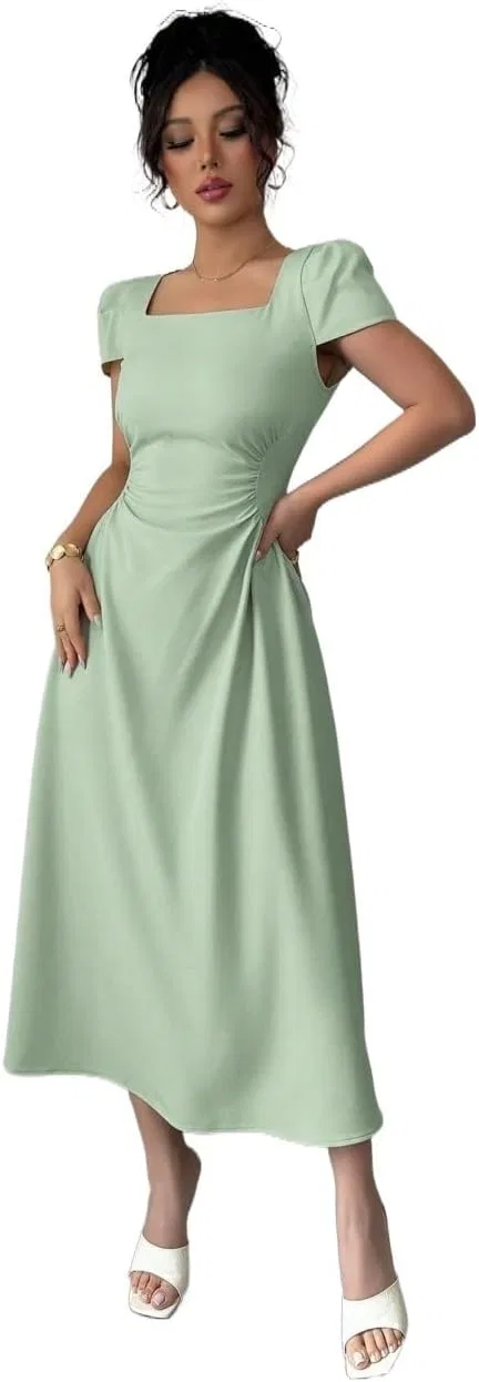 Женское повседневное миди-платье с квадратным вырезом и пышными рукавами, Mint Green