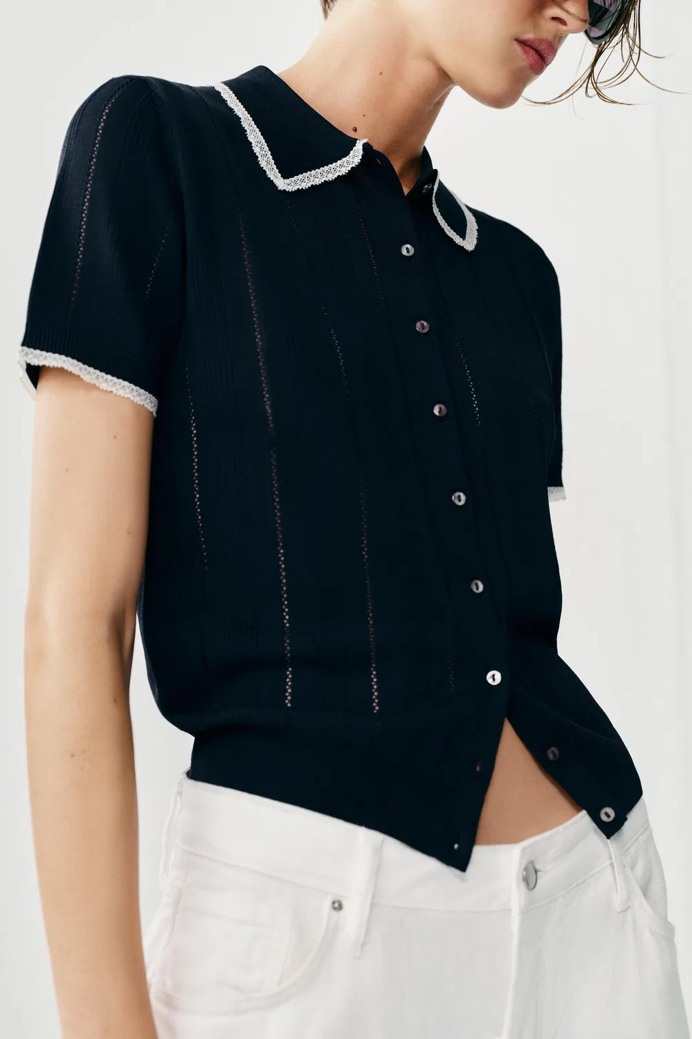 Поло-кардиган с короткими рукавами и кружевной отделкой ZARA, Navy Blue — фото 3