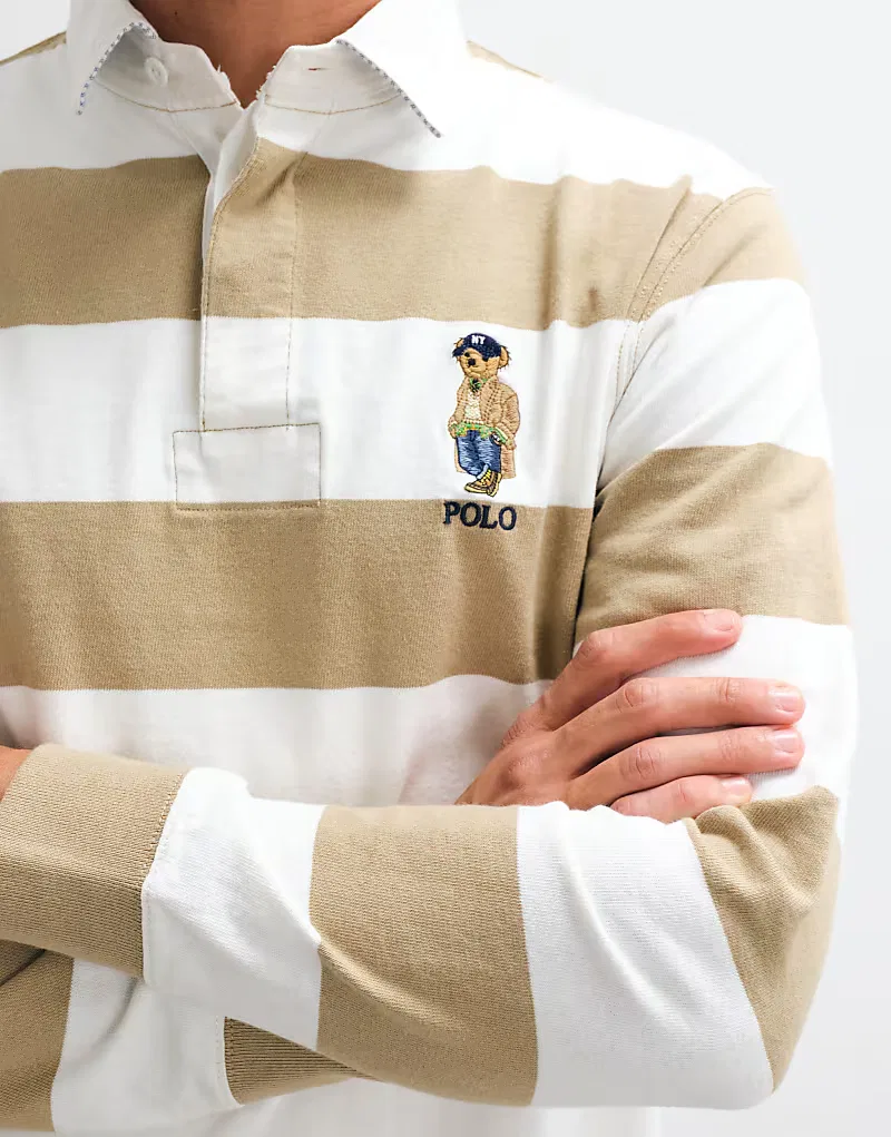 Регбийная рубашка Polo Ralph Lauren с логотипом медведя, бежево-белого — фото 4