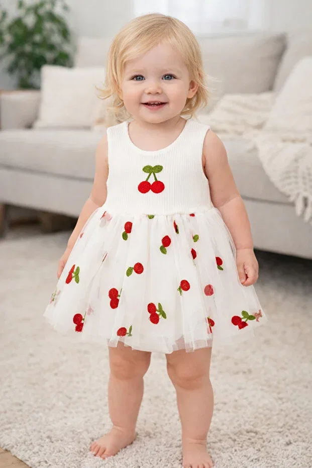 Детское платье для девочек хлопковое Cherry Detailed Tulle Dress Beniizle, White