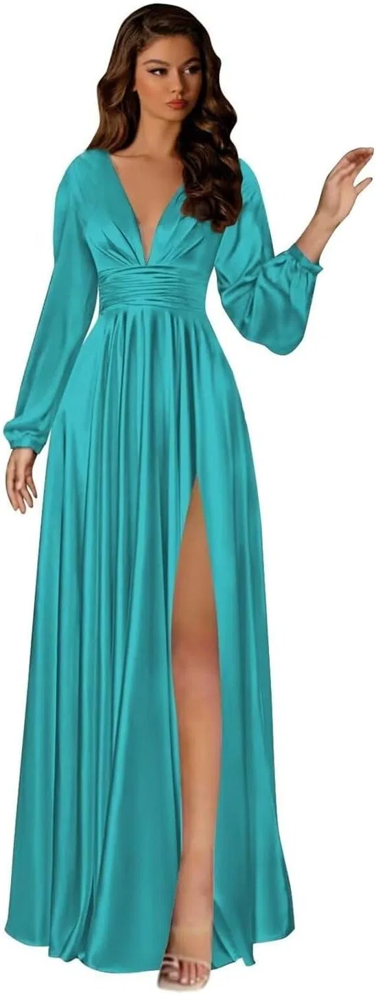 Женское вечернее платье с плиссировкой и разрезом Satin, Turquoise