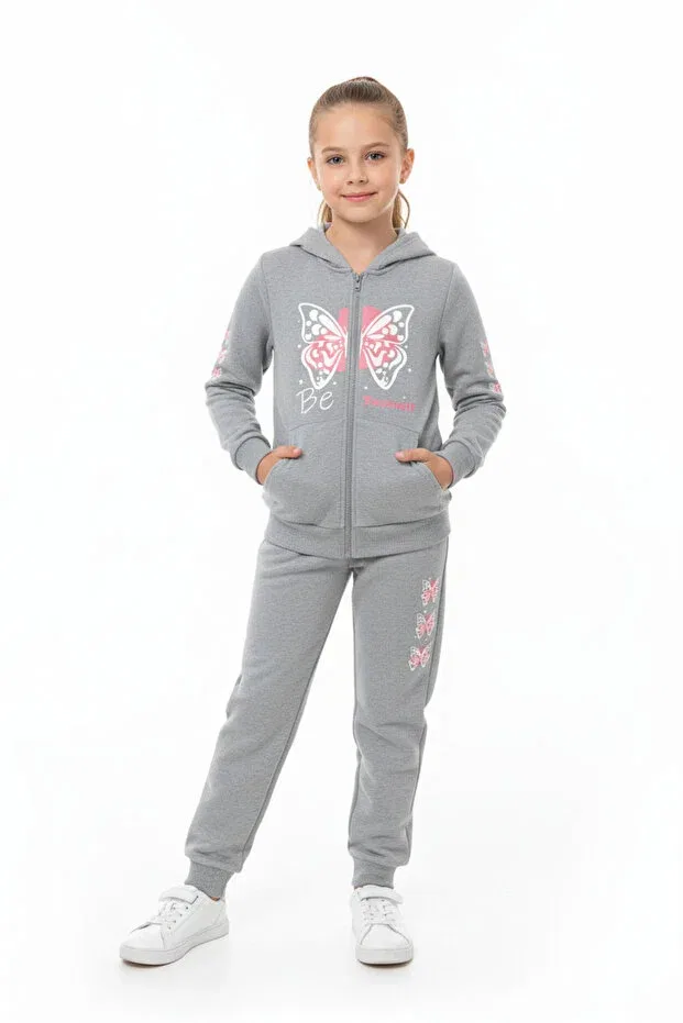 Детский спортивный костюм для девочек с принтом Zipped hooded butterfly print detail Panios Kids, Gray — фото 2
