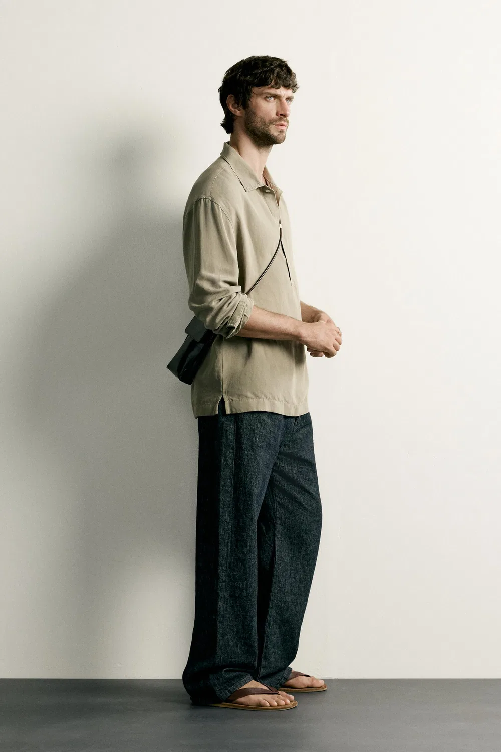 Поло из вискозы и льна, стандартного кроя. ZARA, Olive green — фото 4