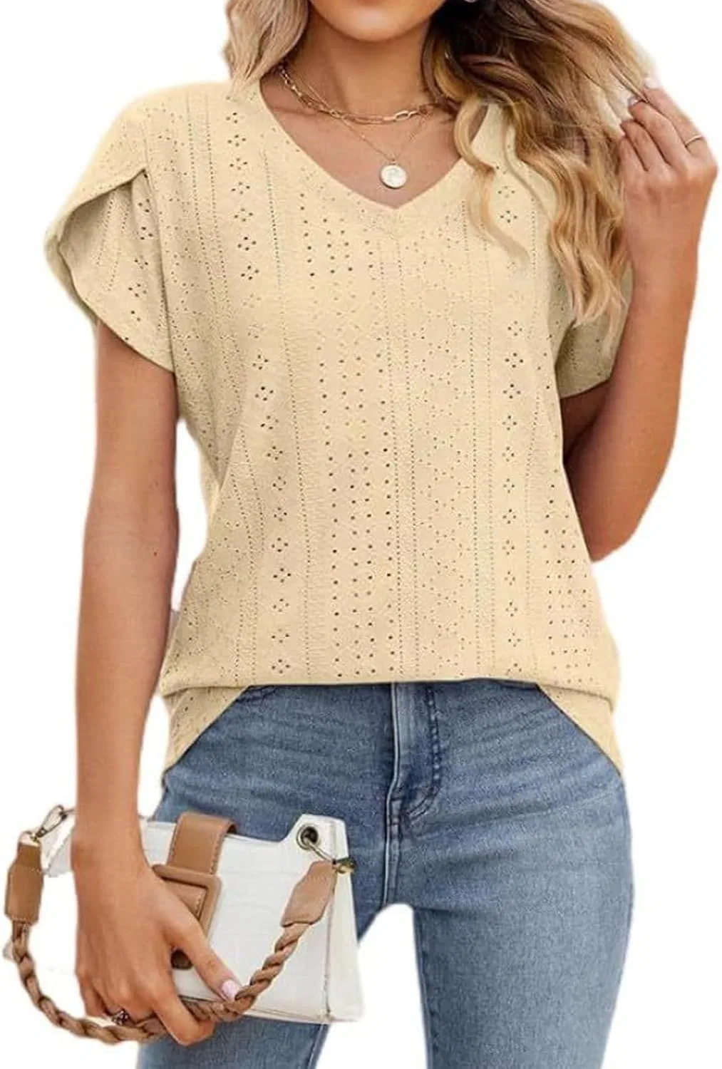 Женская футболка с вышивкой eyelet V-образным вырезом, Yellow