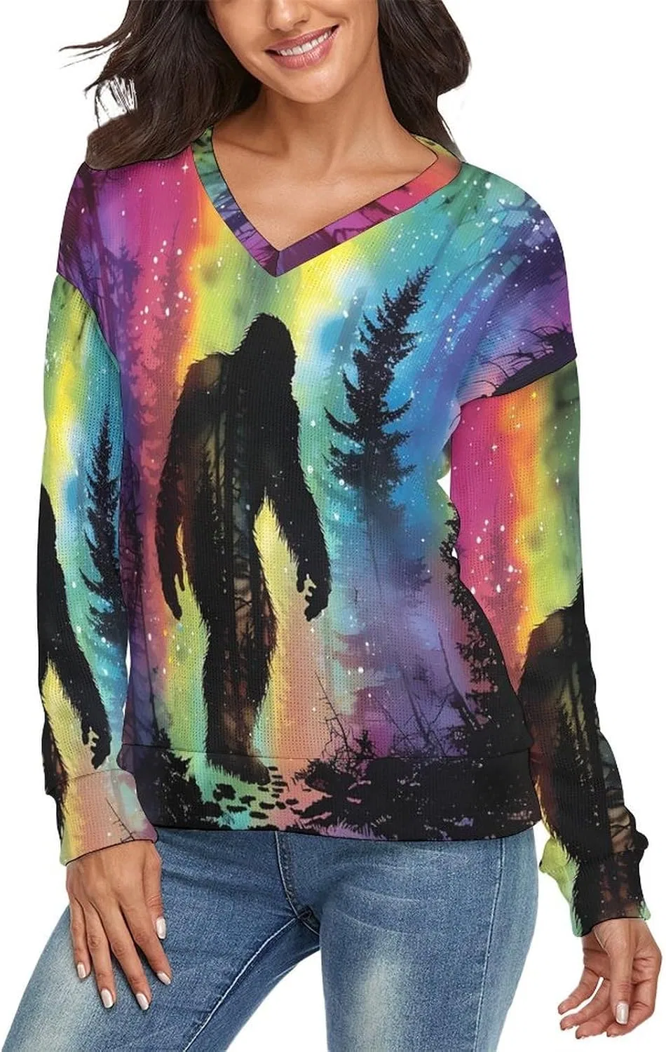 Женский свитер с V-образным вырезом с принтом, Bigfoot Colorful Psychedelic Forests Mist — фото 3