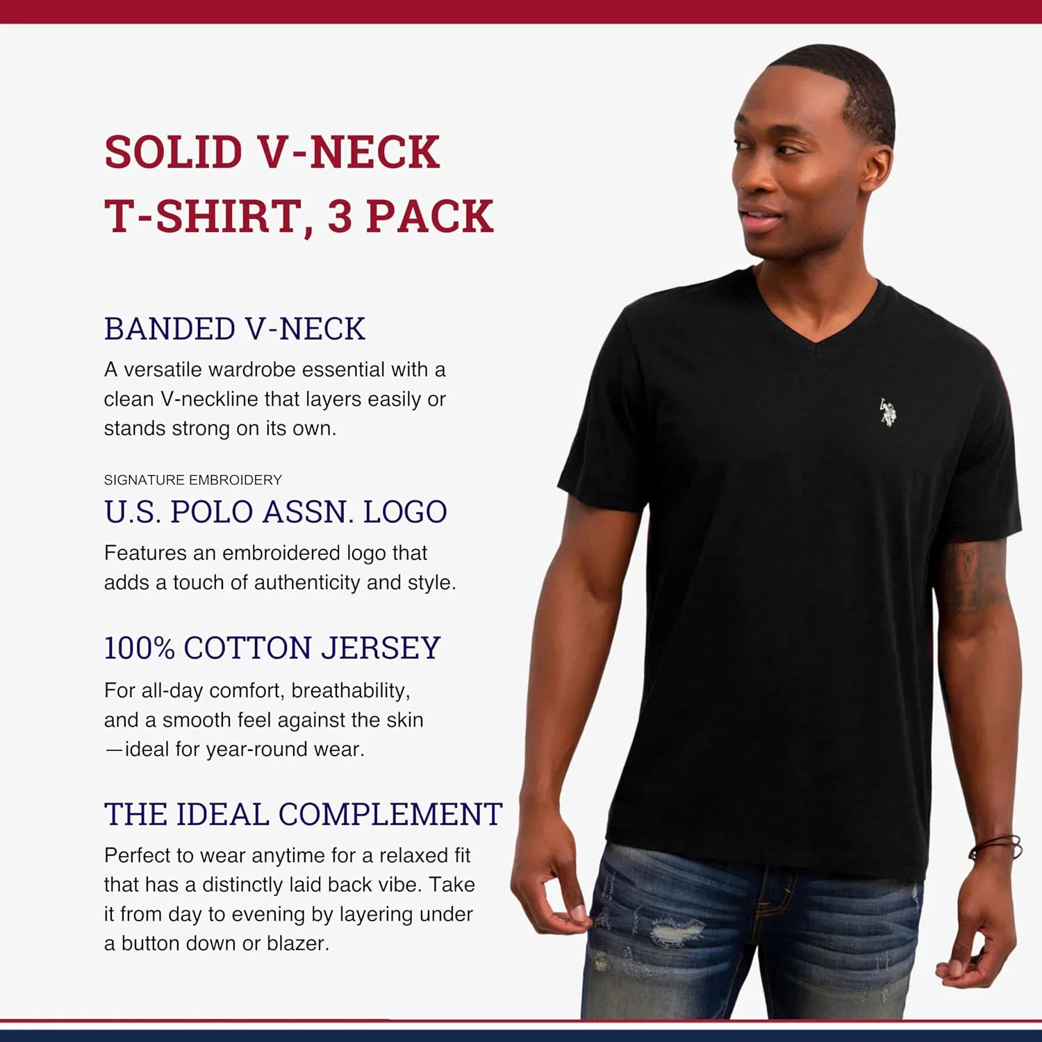 Мужская футболка с V-образным вырезом U.S. Polo Assn., Black/Black/Black — фото 4