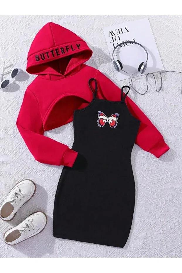 Детский комплект платье с принтом и укороченный свитшот Child Butterfly Printed Dress Machetta, Red-Black
