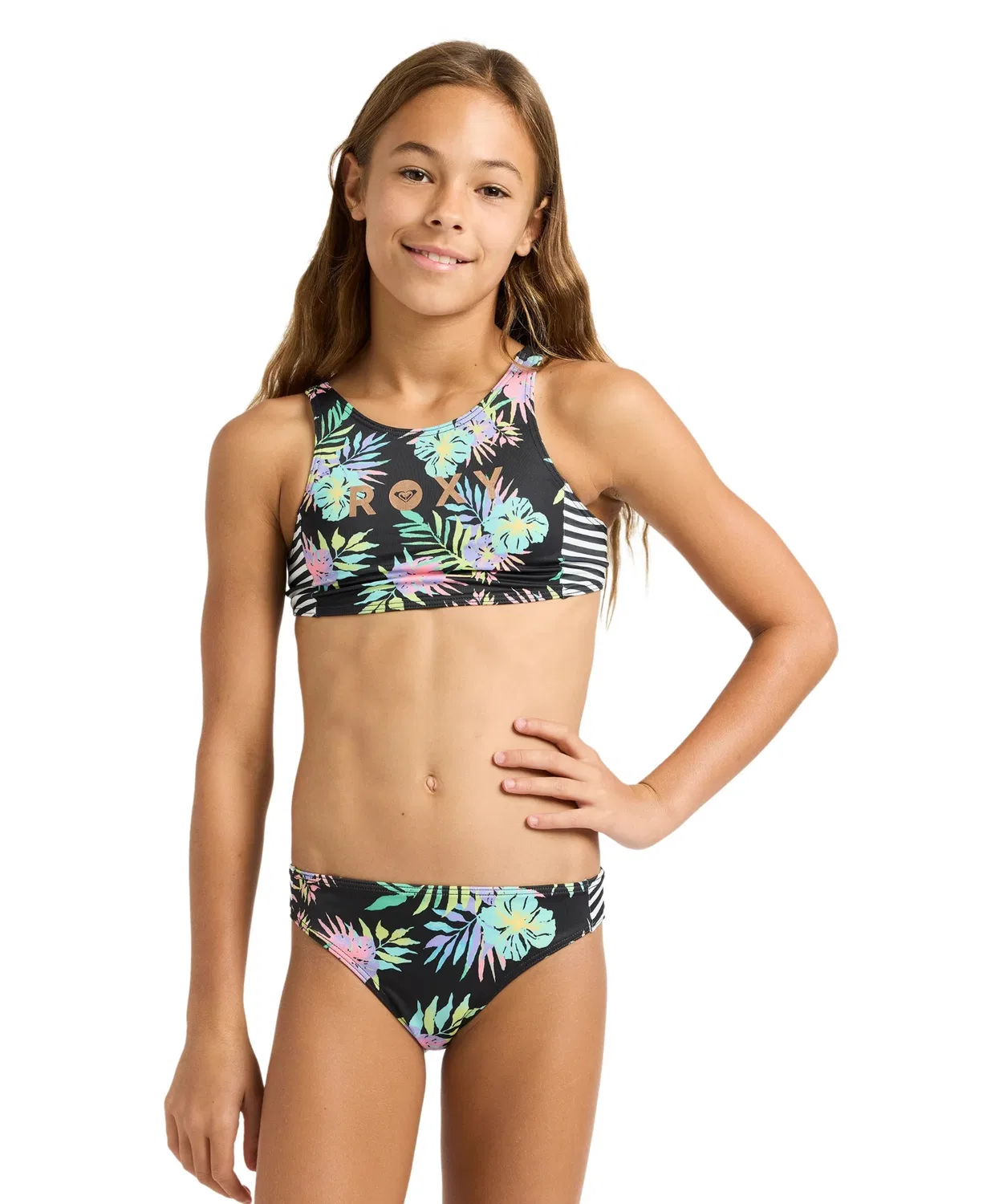 Детский бикини-комплект с принтом ROXY Active RG Crop Top Set, Black Floral Stripe