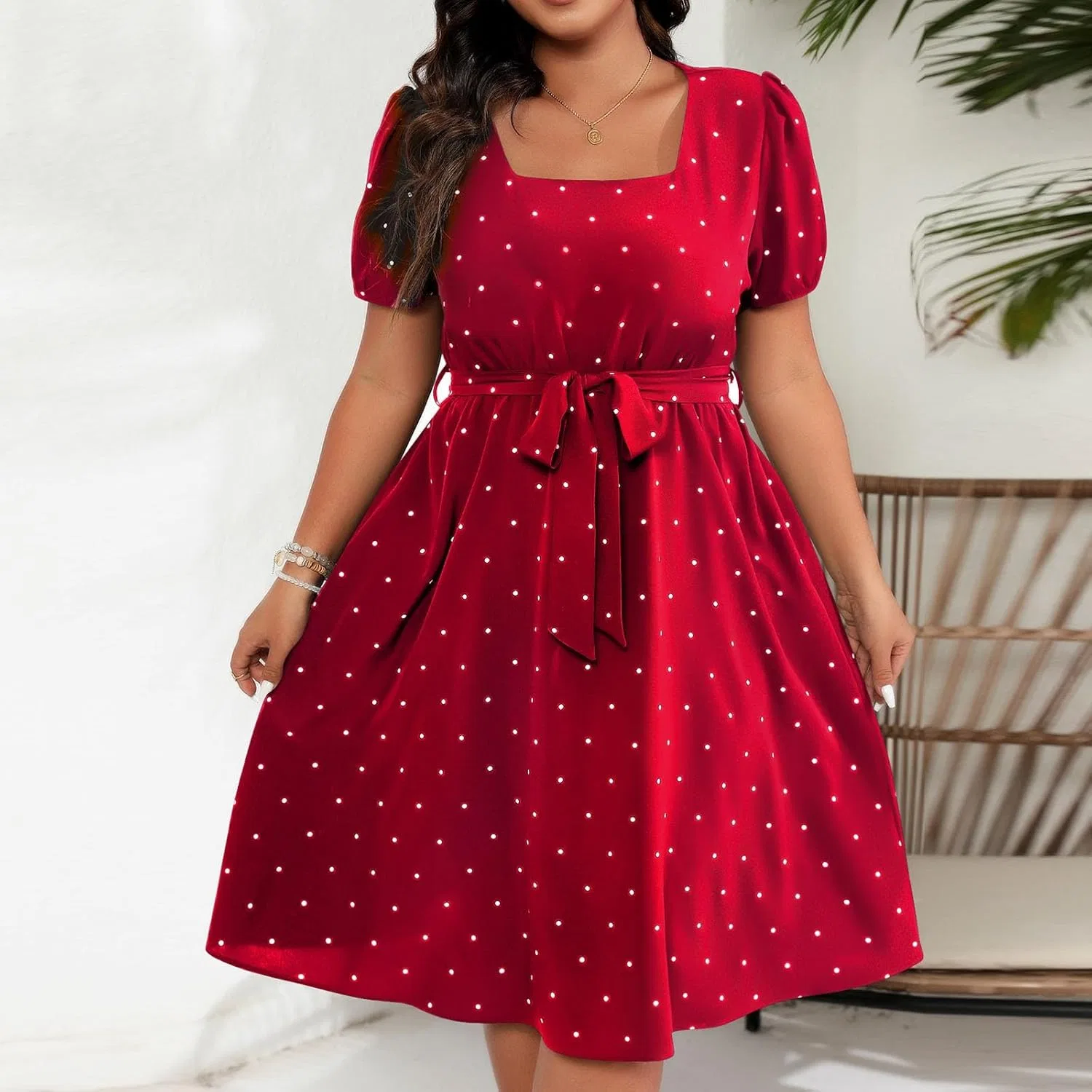 Женское платье с квадратным вырезом и горошек Vintage, Red — фото 3