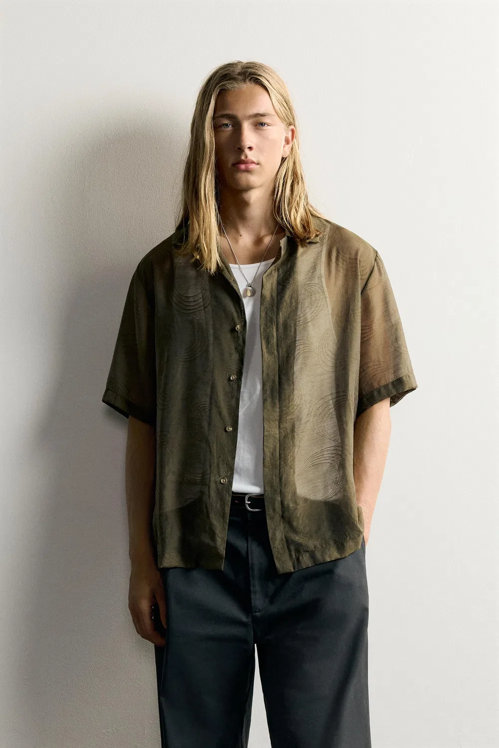 Рубашка из жаккарда с жидкой текстурой ZARA, Khaki — фото 2