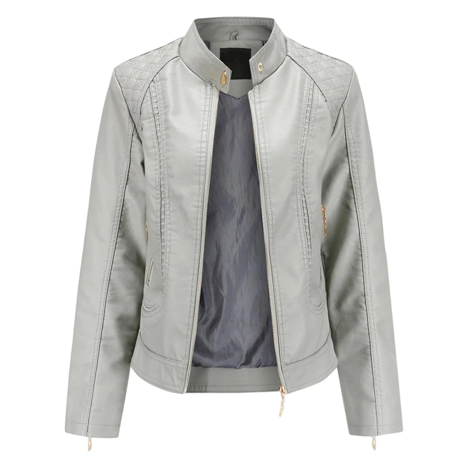 Женская куртка из экокожи с высоким воротником, slim, стиль байкера, Grigio