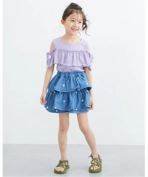 Детские джинсовые шорты-юбка с вышивкой в виде сердечек, модель Heart Embroidery Denim Tiered Pants-in-Skirt QUNTSTYLE, Navy — фото 2