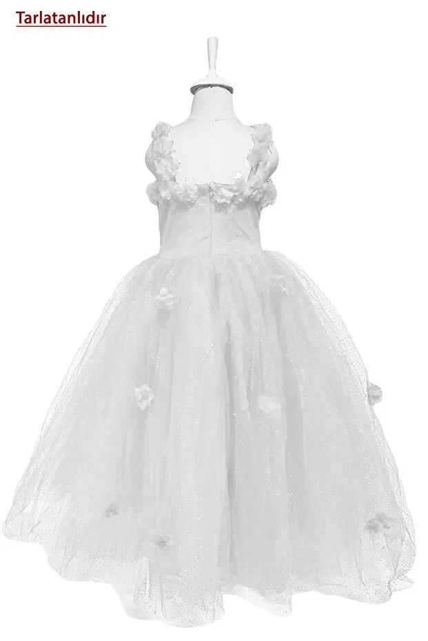 Детское платье для девочек с принтом Floral Glitter Printed Tartalan Children's Evening Dress Tulle Fluffy + Crown Mashotrend, White — фото 4
