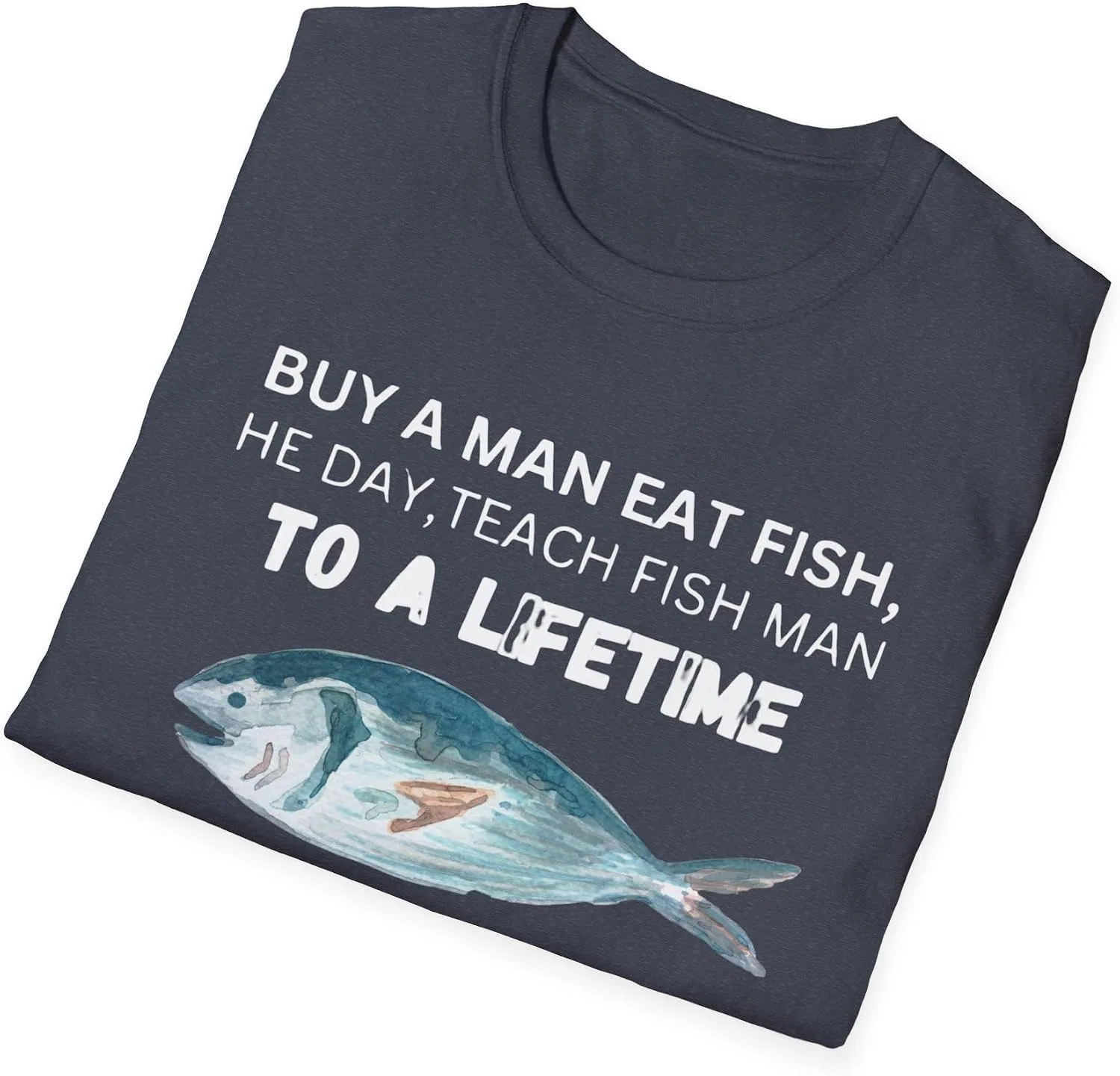 Мужская футболка с принтом Buy a Man Eat Fish, тёмно-синий меланж — фото 3