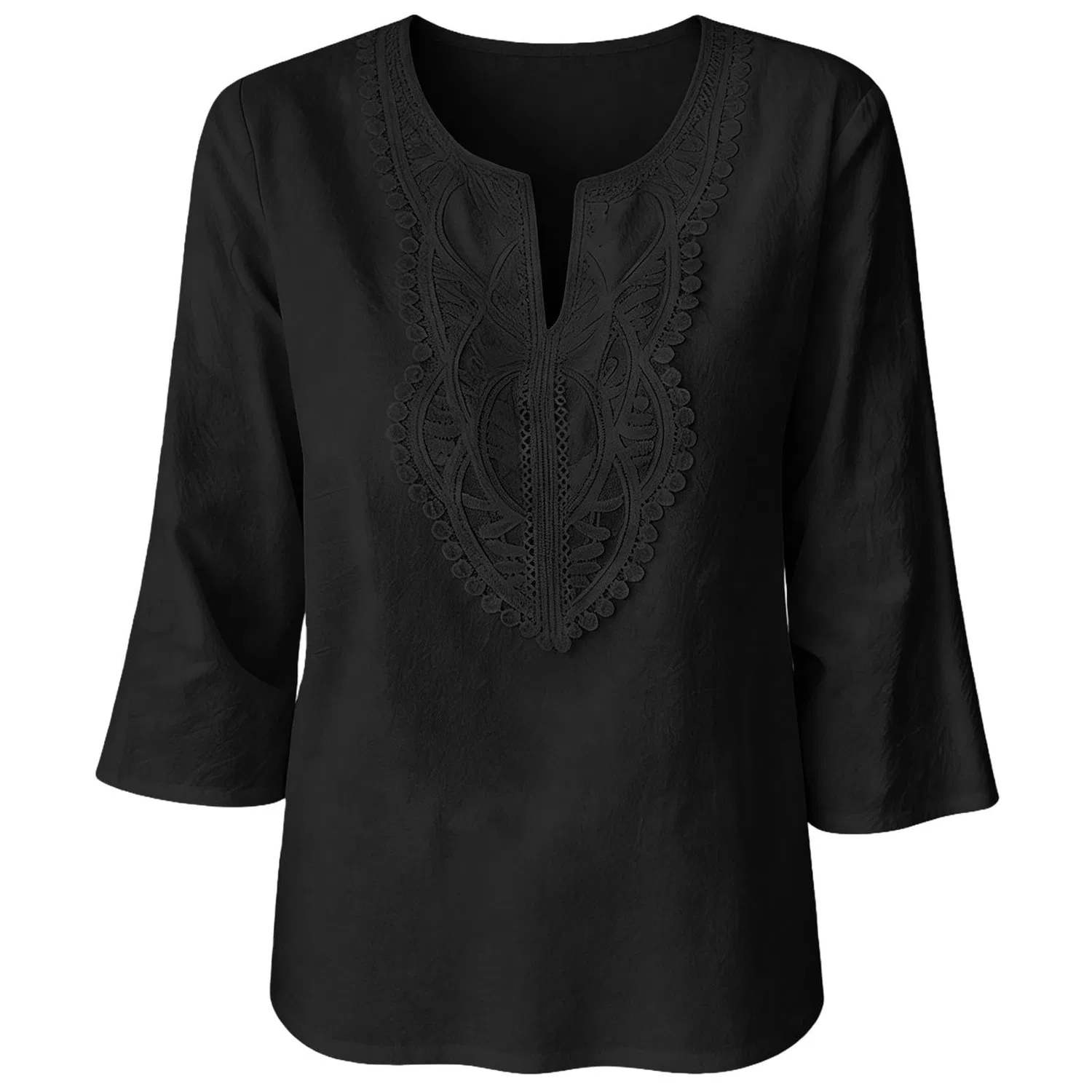 Женская льняная туника с вышивкой Retro 3/4 Sleeve Boho Casual Loose Fit Lightweight Summer Beach Blouse, D-black — фото 4