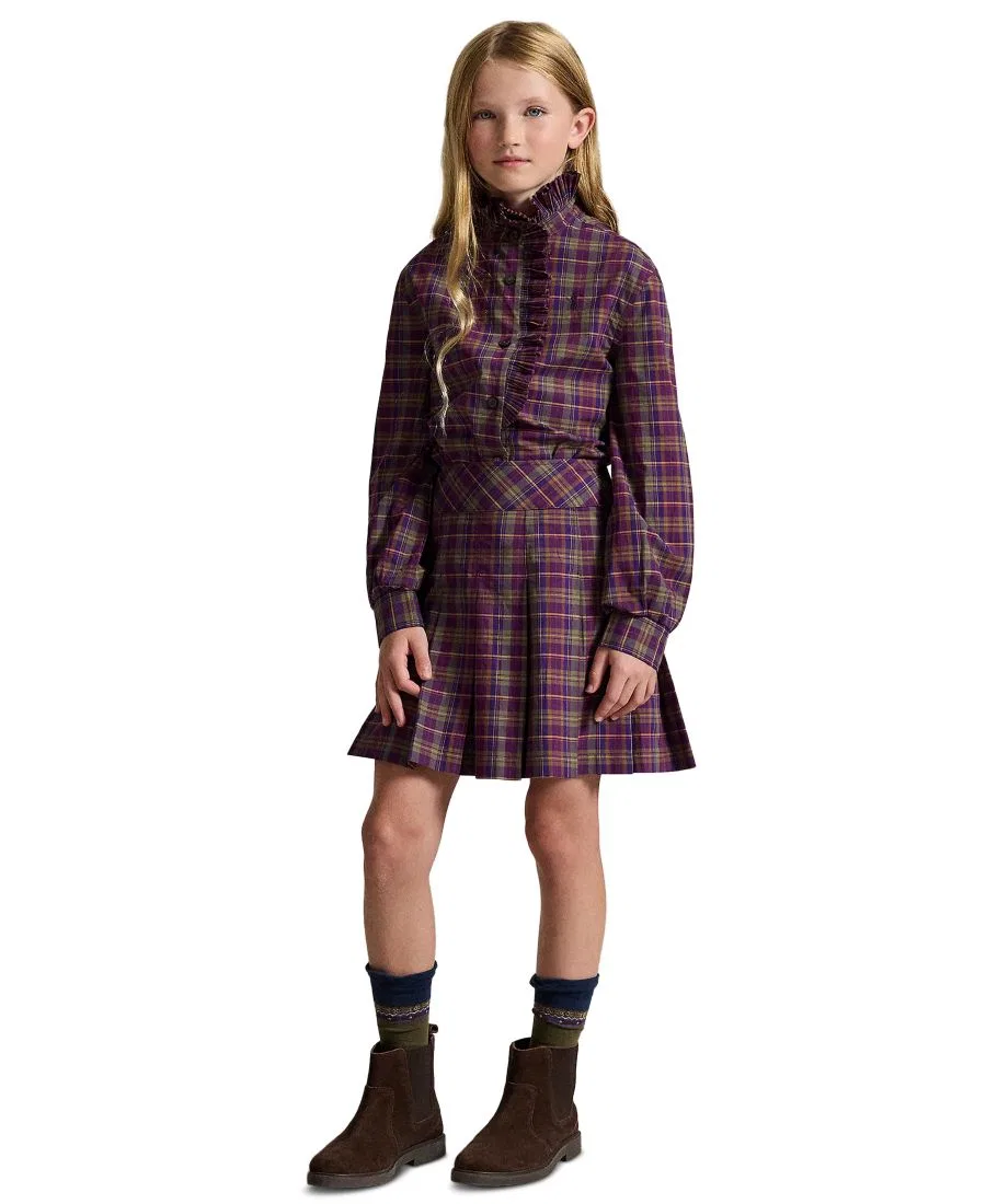 Блуза из хлопкового поплина с воланами и плиссированным принтом, модель Plaid Ruffled Cotton Poplin Top Polo Ralph Lauren, Purple-Green Multi Plaid