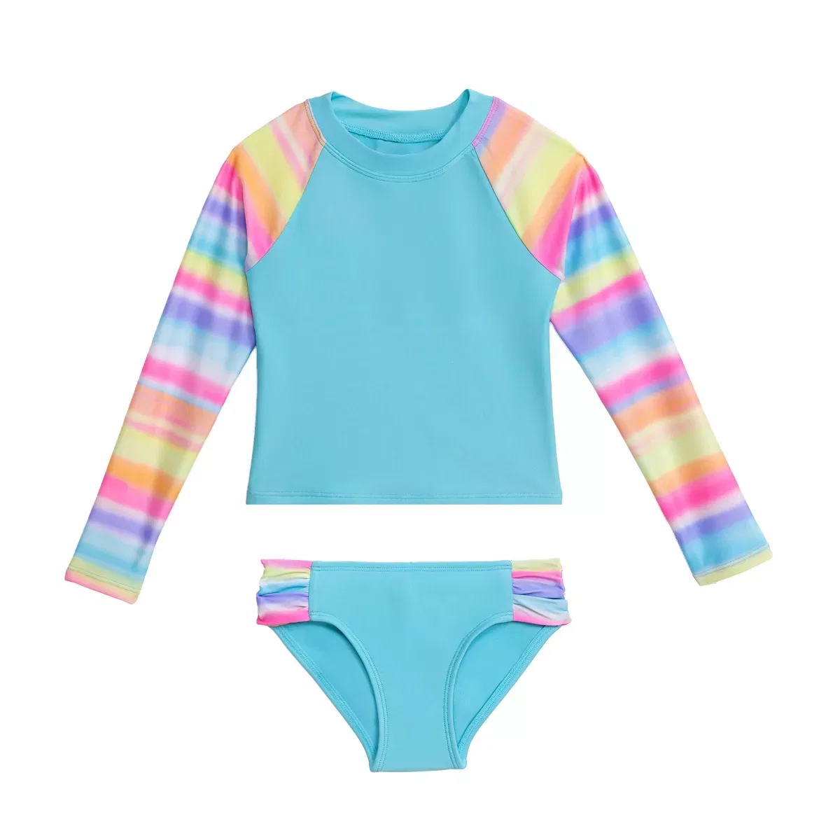 Детский комплект для плавания для девочек с длинным рукавом Aqua Green, Brush Stroke Stripe