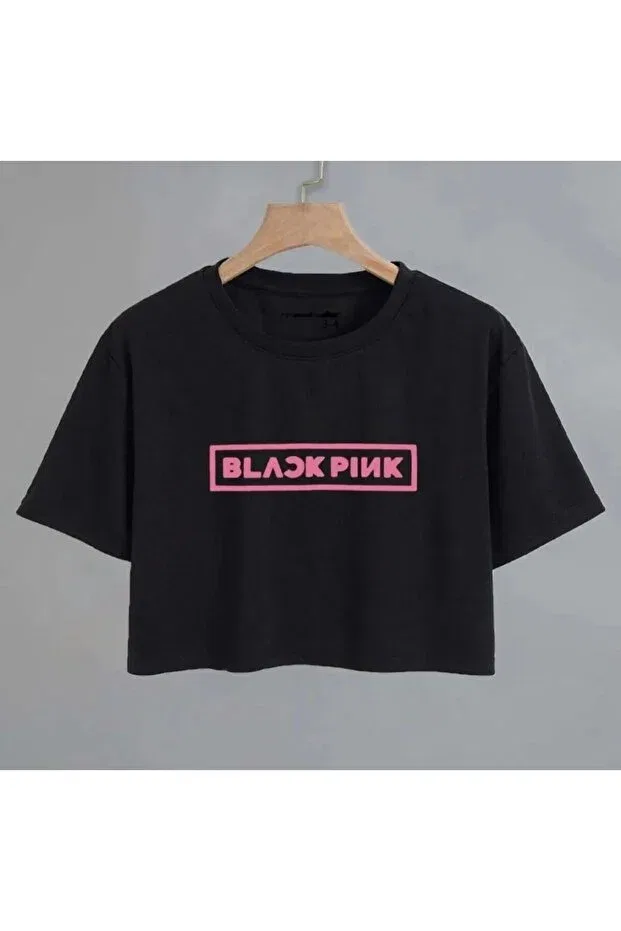 Детская укороченное футболка с принтом Nigrum Pardus, Black Pink Printed New Season Short Sleeved Girls' Crop T-Shirt, Black