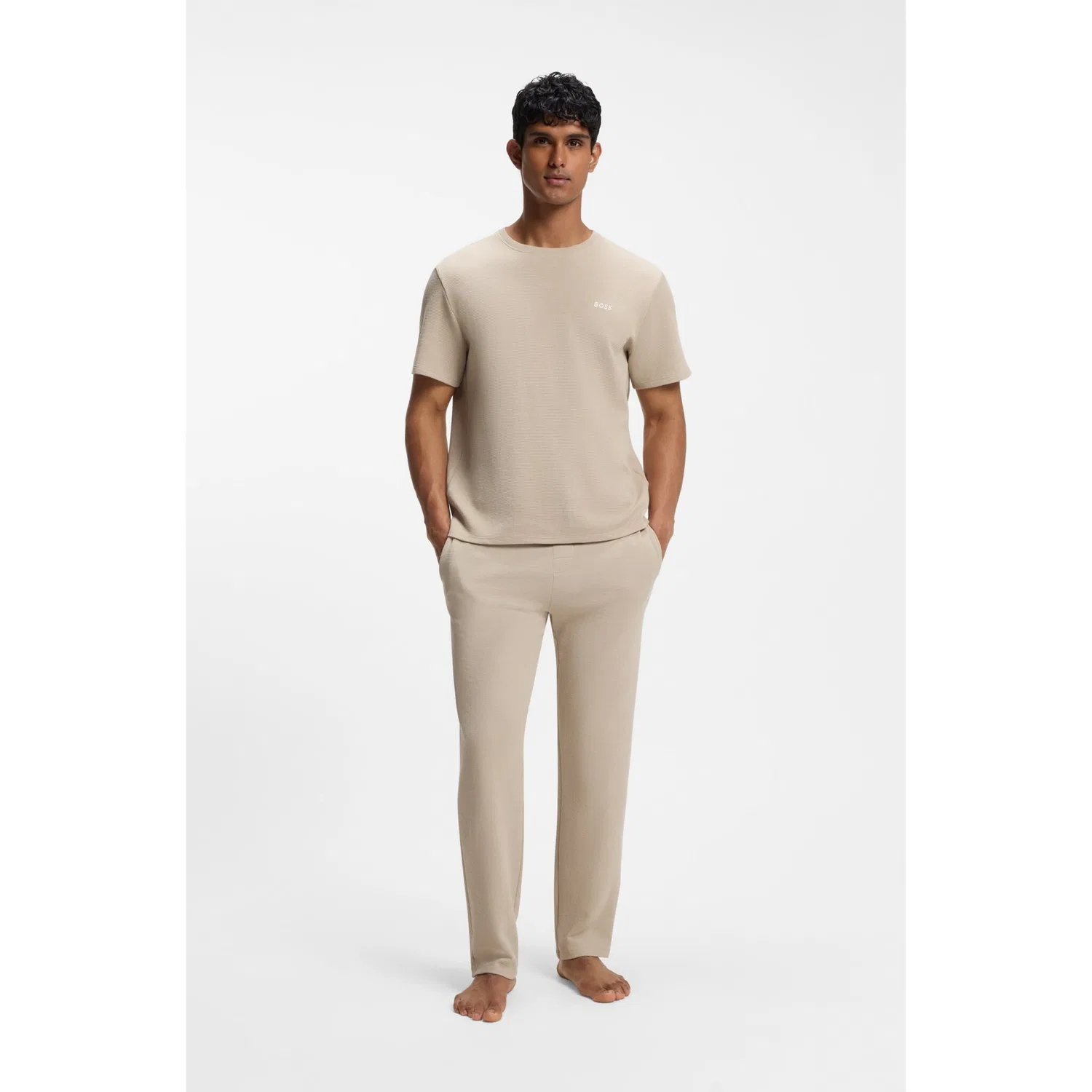 Мужская пижамная футболка с вафельной структурой BOSS, Light Beige — фото 3