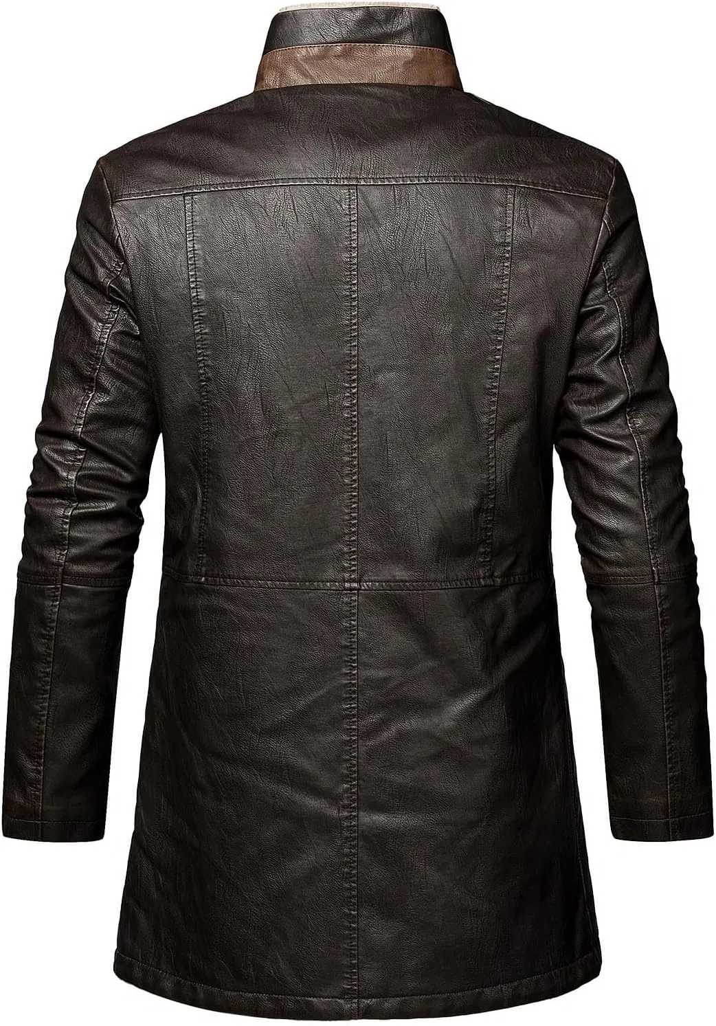 Мужское пальто из экокожи с воротником-лацканом, средняя длина, slim fit, на молнии, кофейный — фото 4