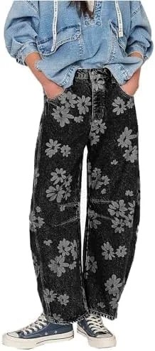 

Hulpvktsgiq Джинсы для женщин с цветочным принтом, широкие, мешковатые, с высокой посадкой