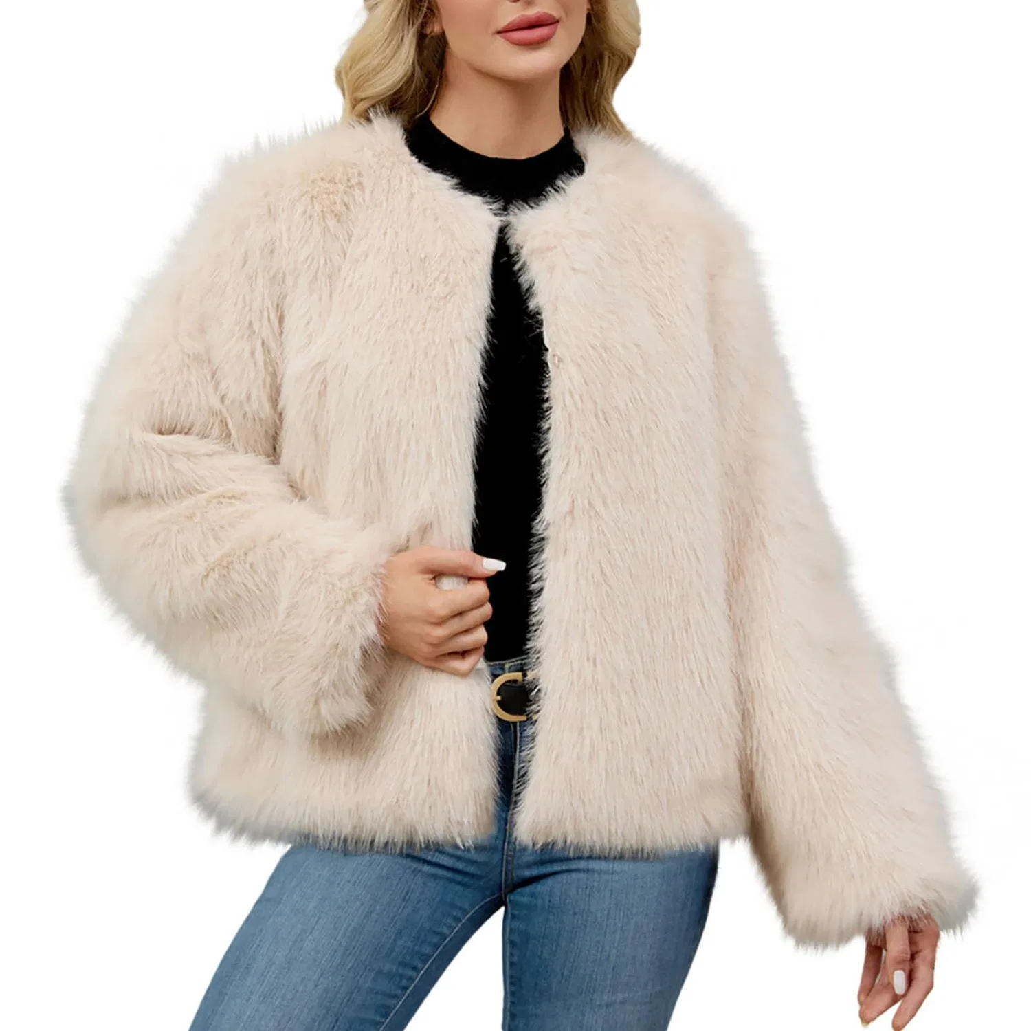 Женское пальто из искусственного меха с длинным рукавом, B Beige