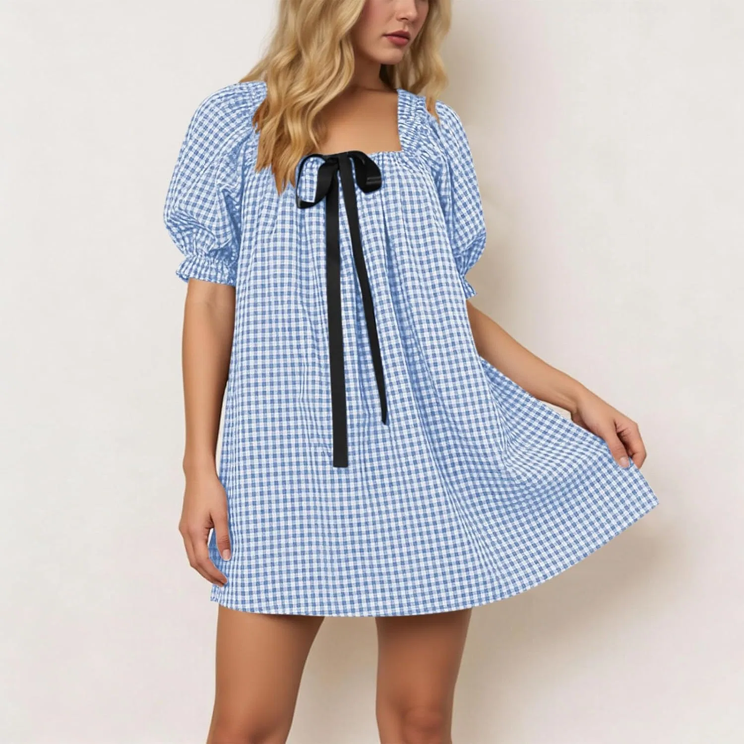 Женское платье мини с квадратным вырезом и пышными рукавами, Light Blue — фото 3