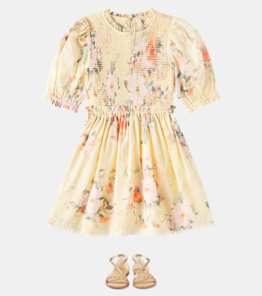 Платье Everley из хлопка со сборками на лифе Zimmermann Kids, Yellow Watercolor Floral — фото 2