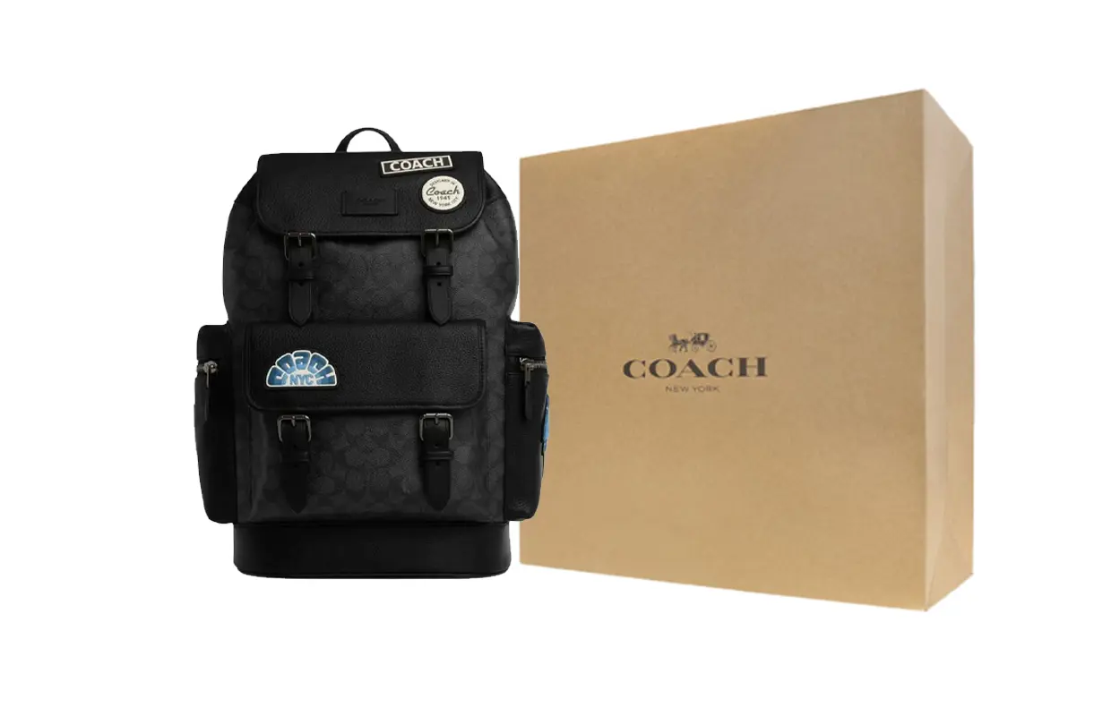 

COACH Сумка рюкзак мужская большая из спринт коровьей кожи с искусственной кожаной аппликацией антрацитово-черная