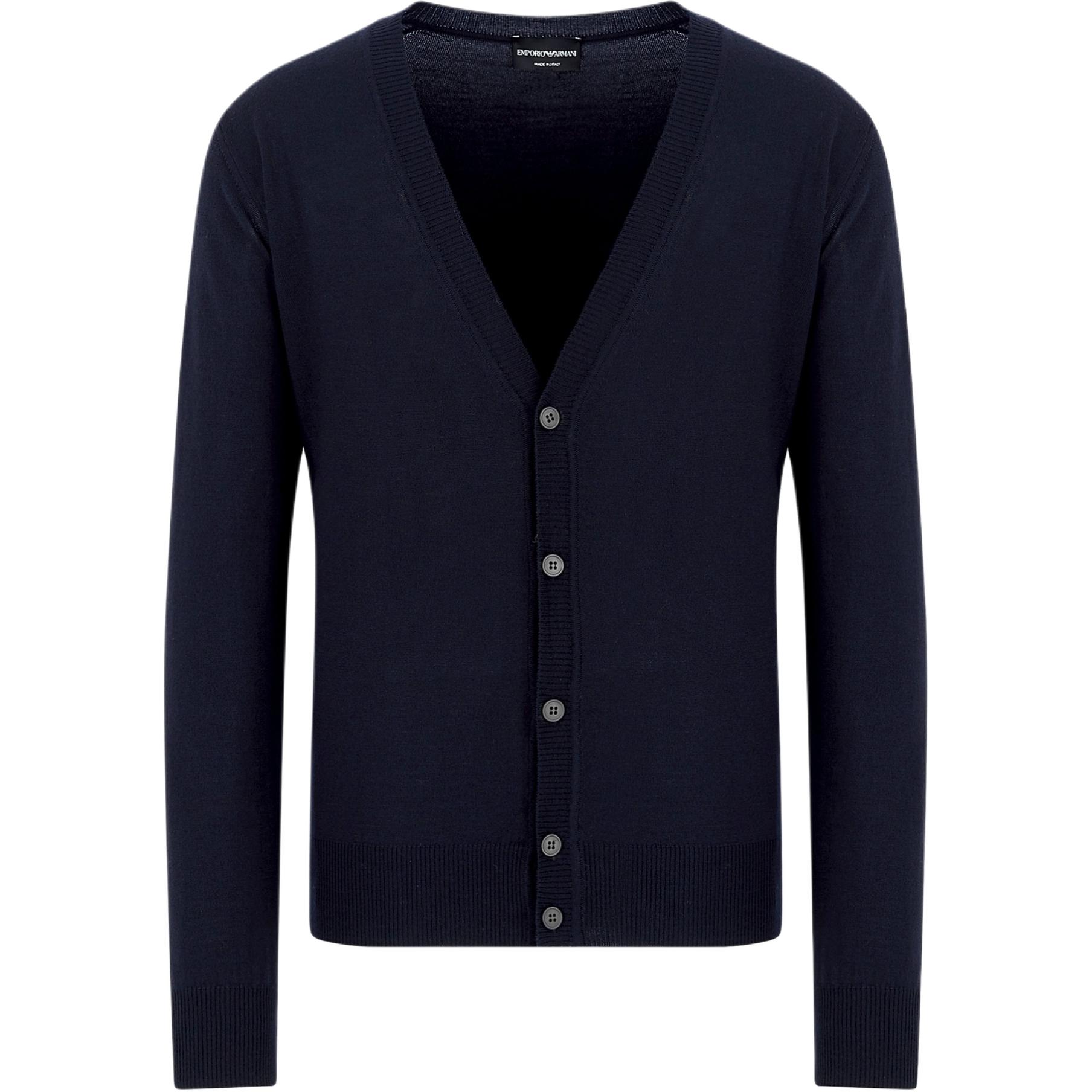 

Простой трикотажный кардиган из шерсти Virgin wool с V-образным вырезом EMPORIO ARMANI, синий