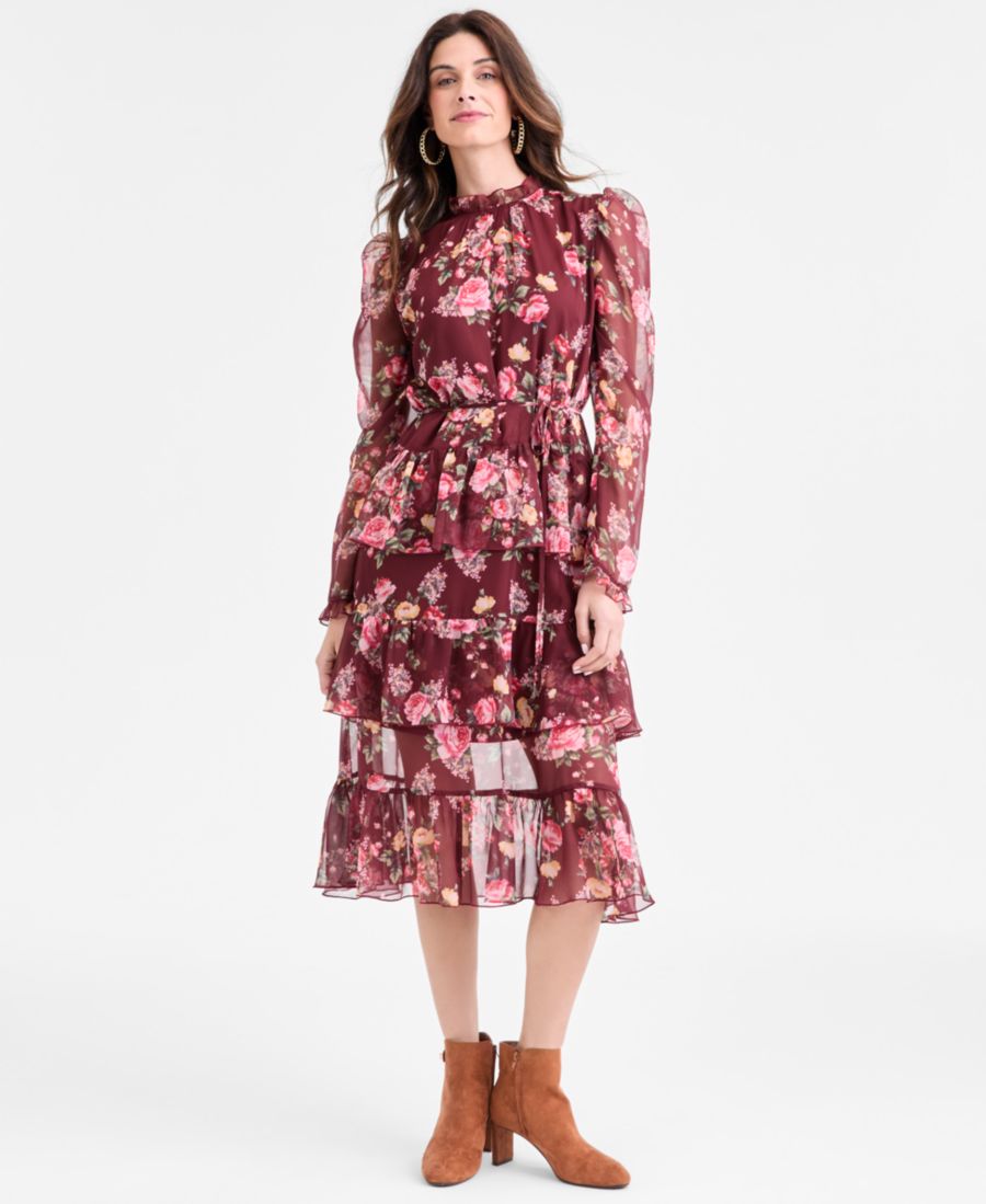 

Детское миди-платье с цветочным принтом, оборками, многослойной юбкой и поясом на завязках SENI & CADE, PINK