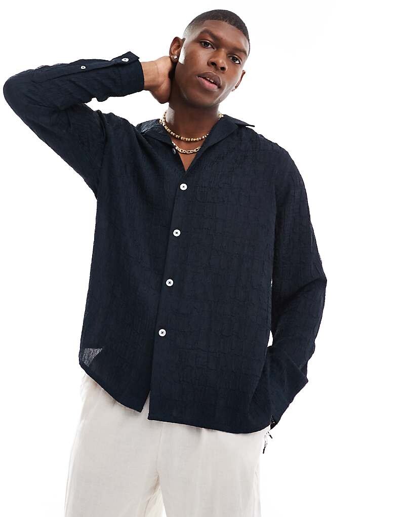 

ASOS DESIGN – темно-синяя свободная рубашка с кубинским воротником из хлопчатобумажной ткани