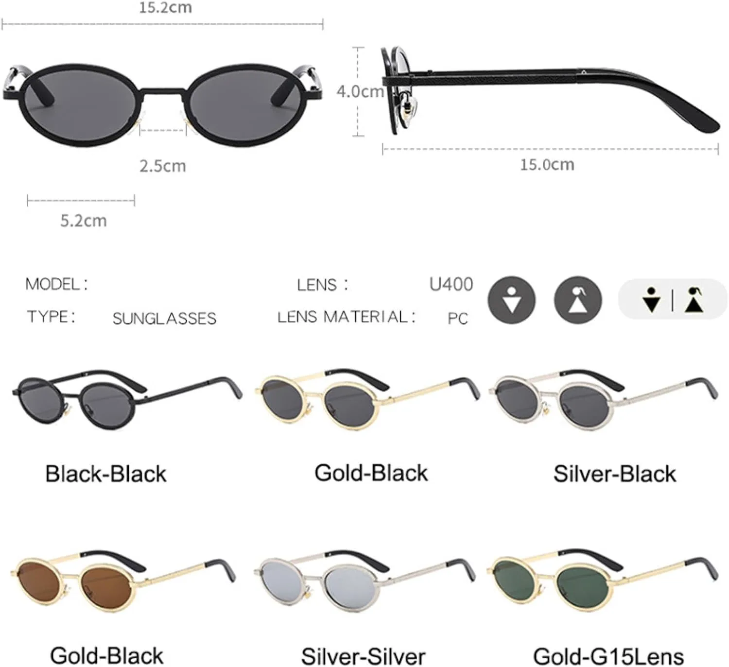 

Винтажные круглые мужские модные маленькие овальные металлические солнцезащитные очки для женщин класса люкс с защитой от УФ-излучения UV400 TVTBBVV, Black-black