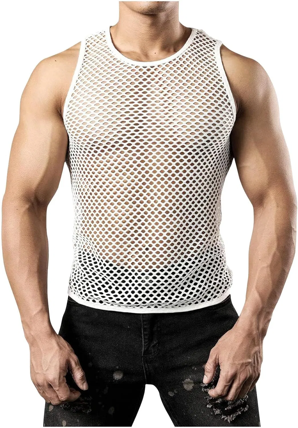 Мужская майка сетчатая, прозрачная, облегающая, без рукавов, Muscle, White