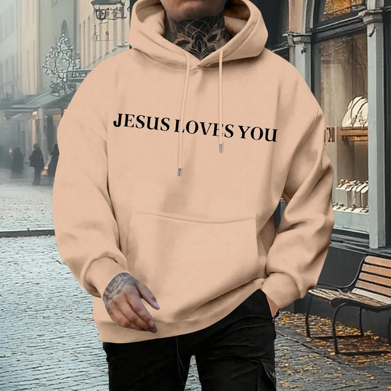 Толстовка Christian Hoodie Men Jesus Loves You, свободный крой, с карманом — фото 3