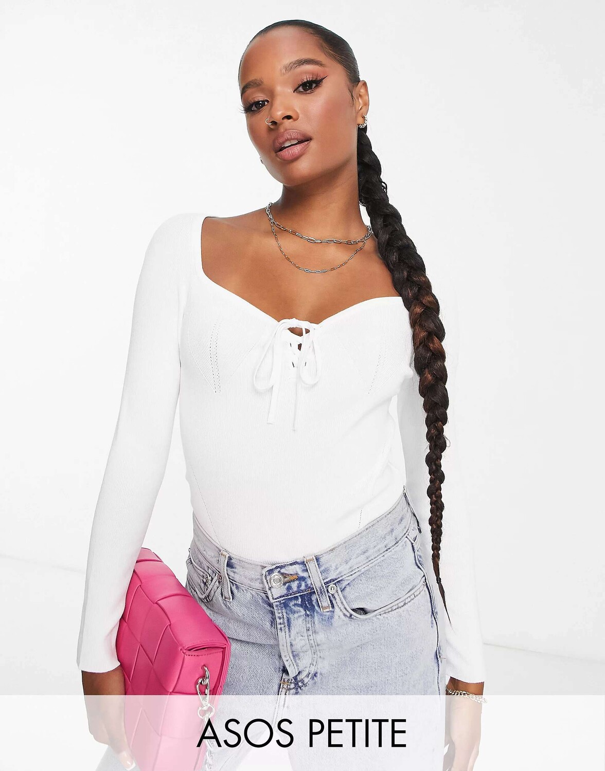 

Белый вязаный топ с вырезом в форме сердца и шнуровкой спереди ASOS DESIGN Petite