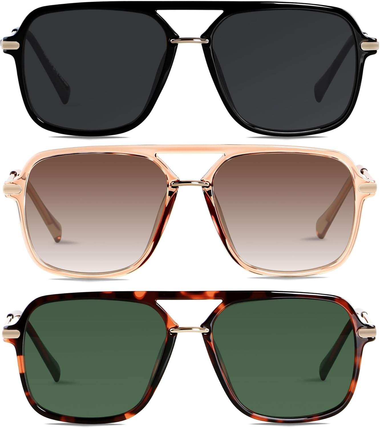 

Солнцезащитные очки ANDWOOD в стиле ретро, ​​квадратные, для женщин и мужчин, поляризованные, модные, в стиле авиатор 90-х, пилотные, (3pack) Black + Transparent Brown + Dark Tortoise